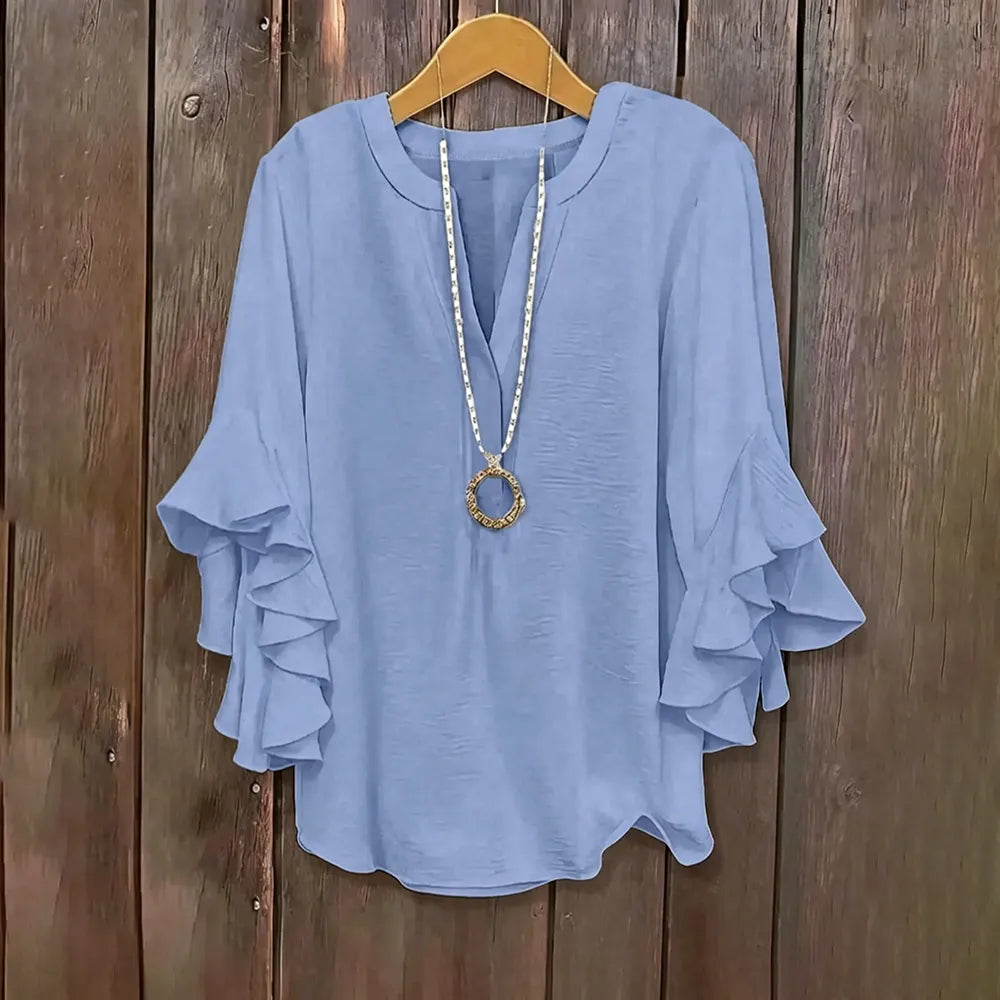 💖 Women's Plus Size Ruffle Sleeve V-Neck Shirt – Loose Fit Everyday Essential