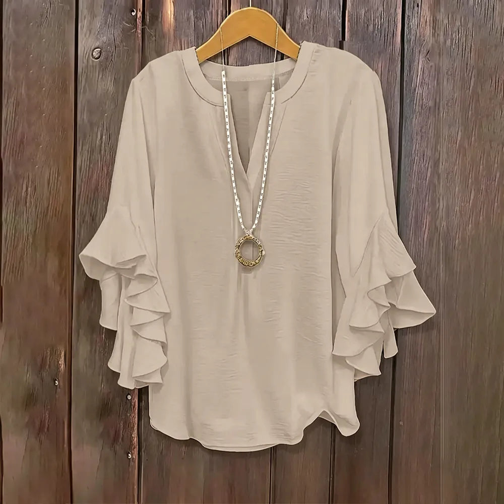 💖 Women's Plus Size Ruffle Sleeve V-Neck Shirt – Loose Fit Everyday Essential
