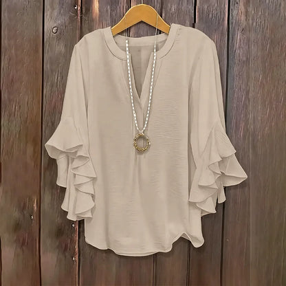 💖 Women's Plus Size Ruffle Sleeve V-Neck Shirt – Loose Fit Everyday Essential