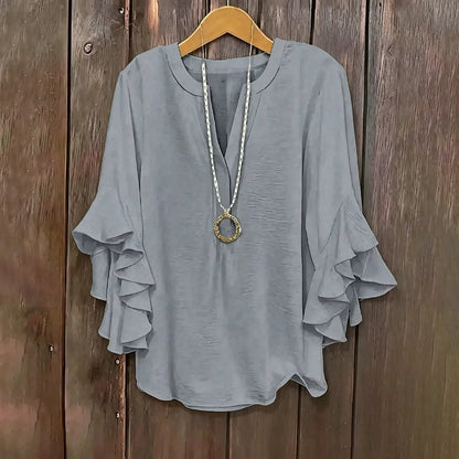 💖 Women's Plus Size Ruffle Sleeve V-Neck Shirt – Loose Fit Everyday Essential
