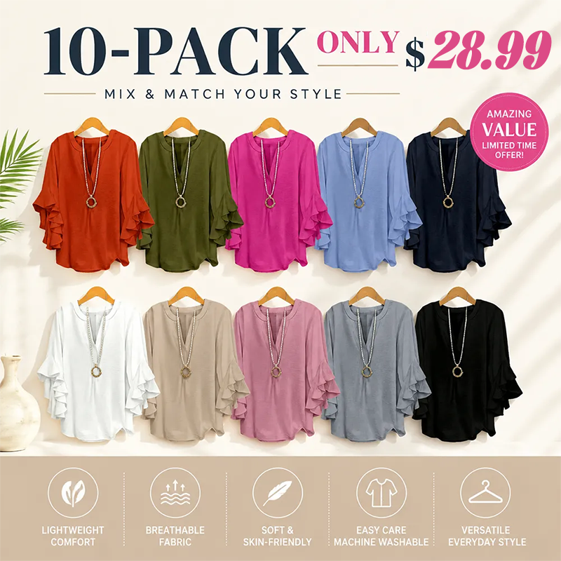 💖 Women's Plus Size Ruffle Sleeve V-Neck Shirt – Loose Fit Everyday Essential