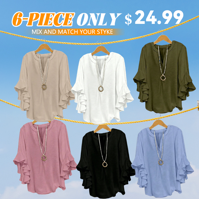 💖 Women's Plus Size Ruffle Sleeve V-Neck Shirt – Loose Fit Everyday Essential