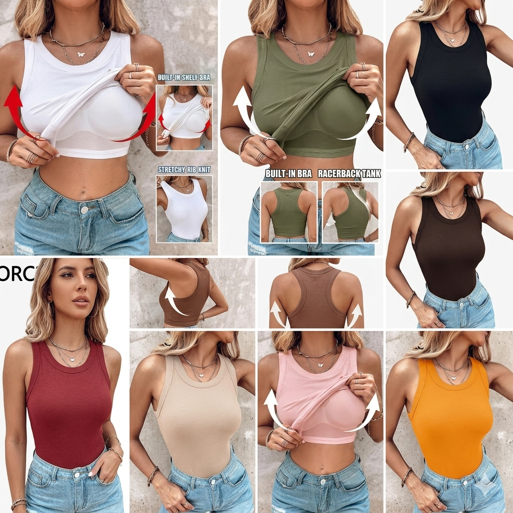 🔥 Summer Best Seller 2026 🌞 Built-In Bra Ribbed Tank Top – Lift, Shape & Support 💖 No Bra Needed!