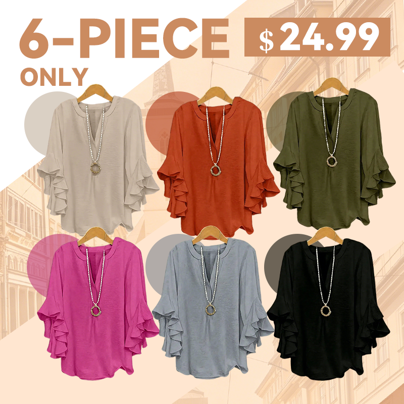 💖 Women's Plus Size Ruffle Sleeve V-Neck Shirt – Loose Fit Everyday Essential