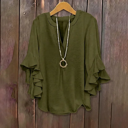 💖 Women's Plus Size Ruffle Sleeve V-Neck Shirt – Loose Fit Everyday Essential