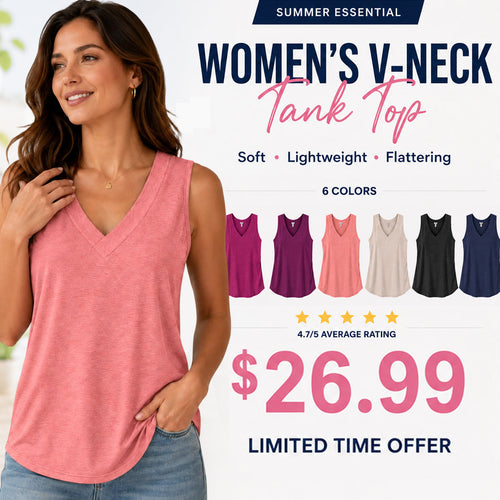 🎁✨Women's Sleeveless V-Neck Tank Top - Loose Fit Slimming Casual Summer T-Shirt