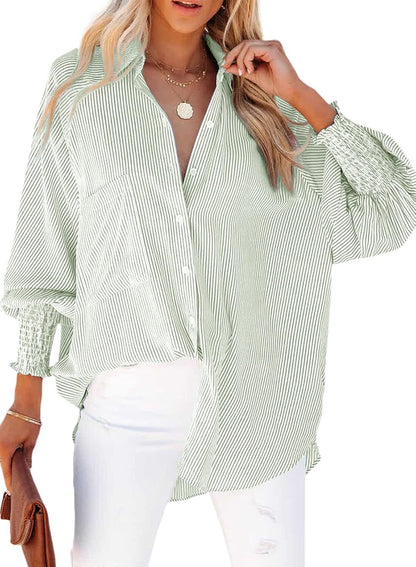 🔥Last day promotion🔥Women's pleated cuffs striped shirt with pockets and casual collar
