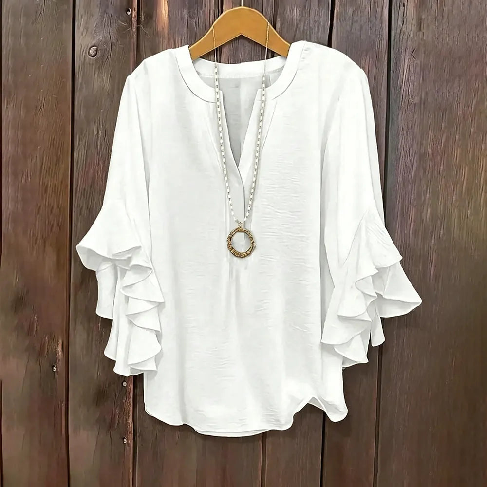 💖 Women's Plus Size Ruffle Sleeve V-Neck Shirt – Loose Fit Everyday Essential