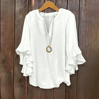 💖 Women's Plus Size Ruffle Sleeve V-Neck Shirt – Loose Fit Everyday Essential