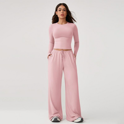 🔥Last day promotion🔥Women's 2-Piece Activewear Set Long-Sleeve Crop Top & Wide-Leg Pants