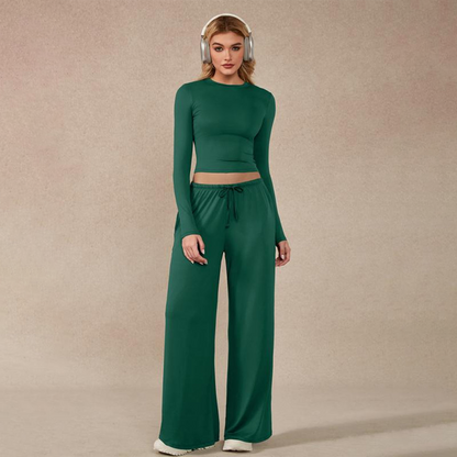 🔥Last day promotion🔥Women's 2-Piece Activewear Set Long-Sleeve Crop Top & Wide-Leg Pants