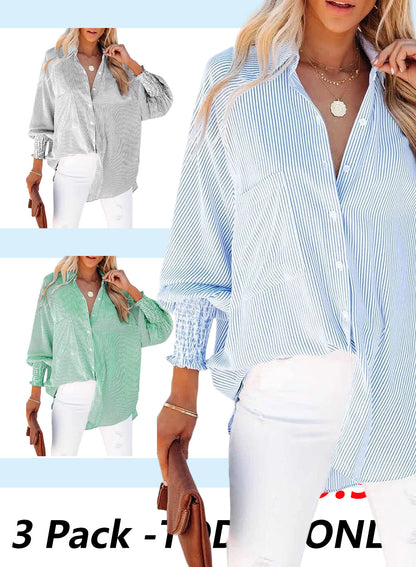 🔥Last day promotion🔥Women's pleated cuffs striped shirt with pockets and casual collar