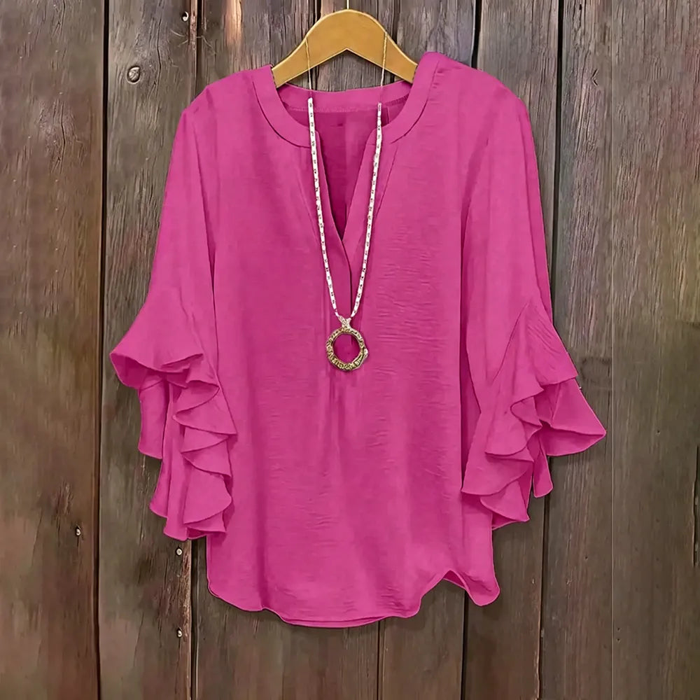 💖 Women's Plus Size Ruffle Sleeve V-Neck Shirt – Loose Fit Everyday Essential