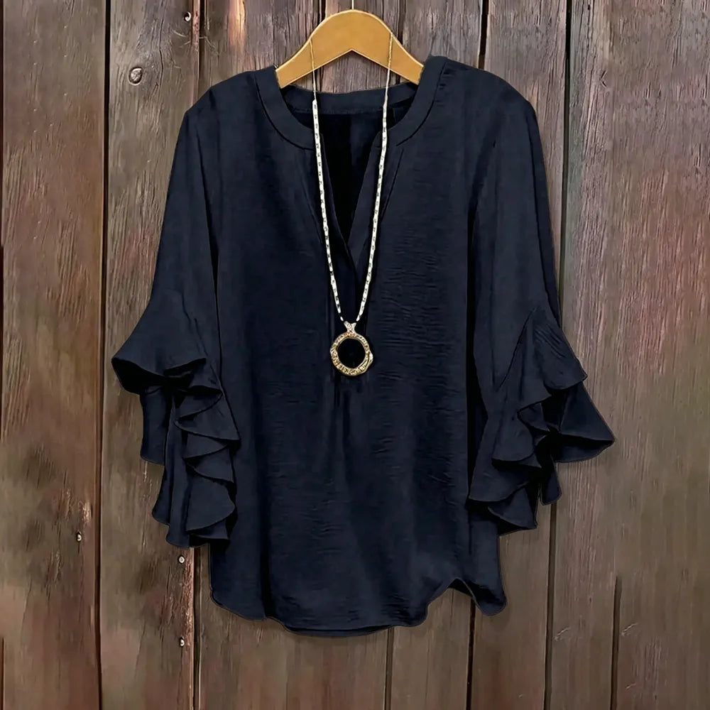 💖 Women's Plus Size Ruffle Sleeve V-Neck Shirt – Loose Fit Everyday Essential