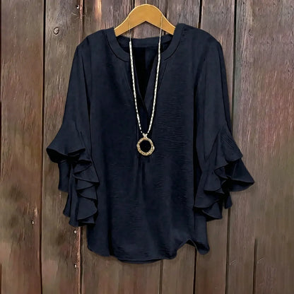 💖 Women's Plus Size Ruffle Sleeve V-Neck Shirt – Loose Fit Everyday Essential