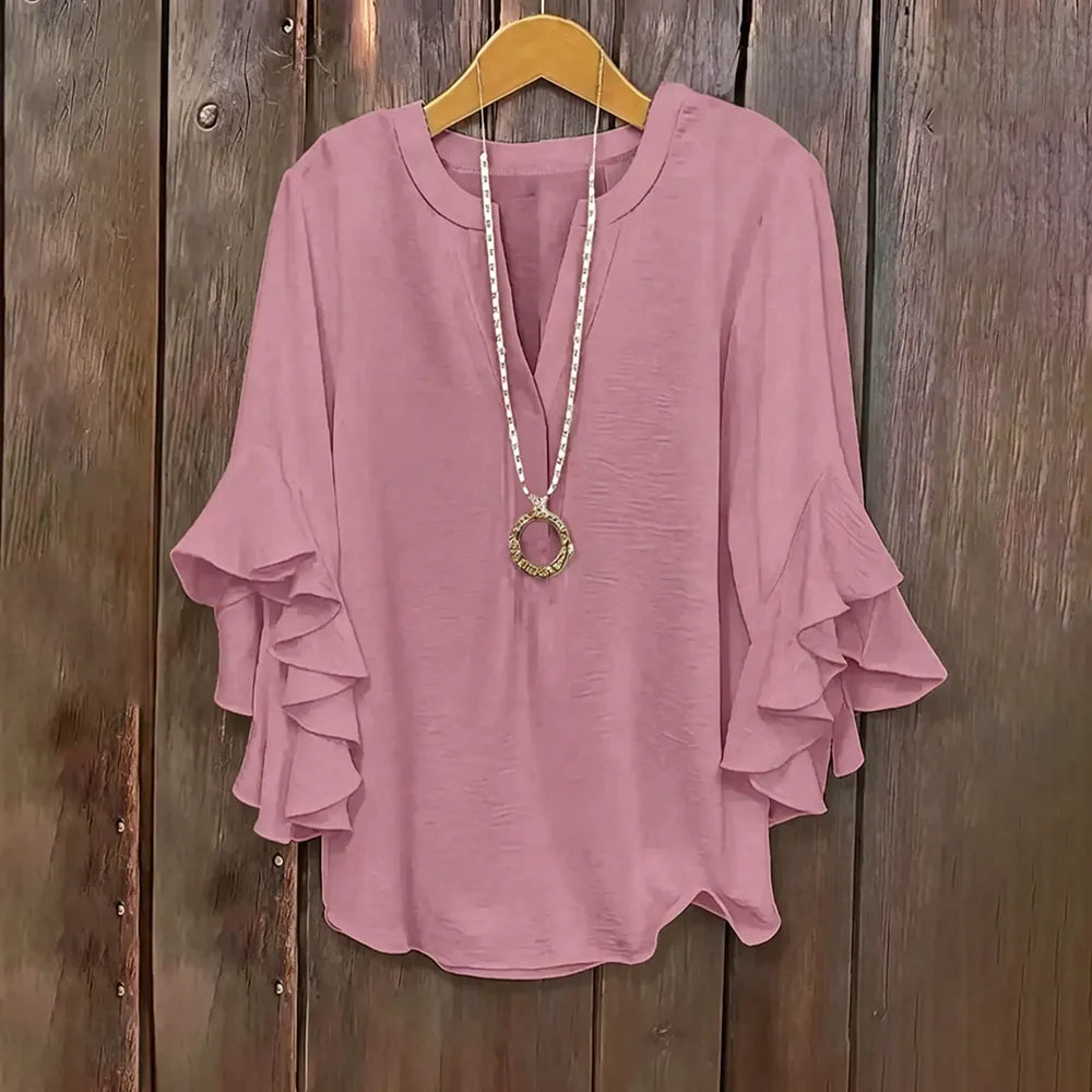 💖 Women's Plus Size Ruffle Sleeve V-Neck Shirt – Loose Fit Everyday Essential