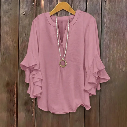 💖 Women's Plus Size Ruffle Sleeve V-Neck Shirt – Loose Fit Everyday Essential