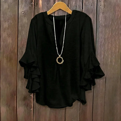 💖 Women's Plus Size Ruffle Sleeve V-Neck Shirt – Loose Fit Everyday Essential