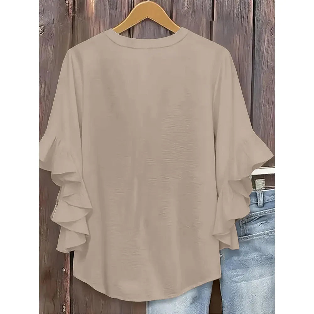 💖 Women's Plus Size Ruffle Sleeve V-Neck Shirt – Loose Fit Everyday Essential
