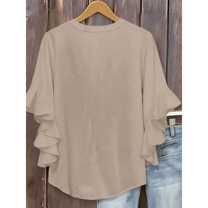 💖 Women's Plus Size Ruffle Sleeve V-Neck Shirt – Loose Fit Everyday Essential
