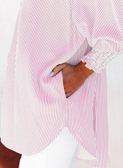 🔥Last day promotion🔥Women's pleated cuffs striped shirt with pockets and casual collar