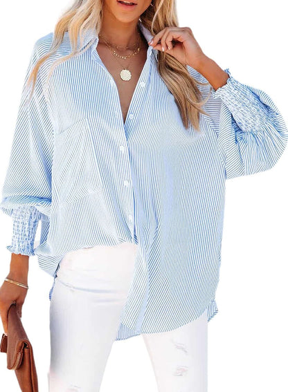 🔥Last day promotion🔥Women's pleated cuffs striped shirt with pockets and casual collar