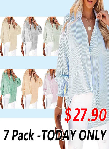 🔥Last day promotion🔥Women's pleated cuffs striped shirt with pockets and casual collar